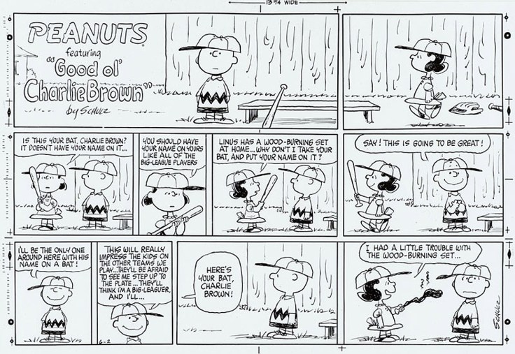 Lucy van Pelt with burned bat: "I had a little trouble with the wood-burning set..."
