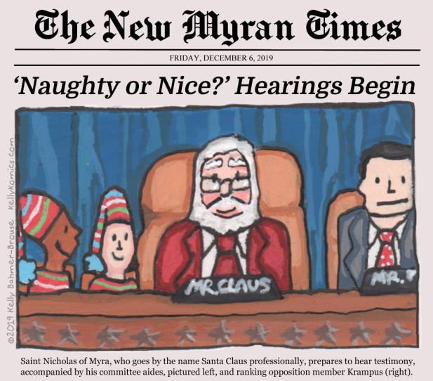 Saint Nicholas of Myra depicted as a modern-day chairman of a Congressional committee investigating who is naughty and who is nice