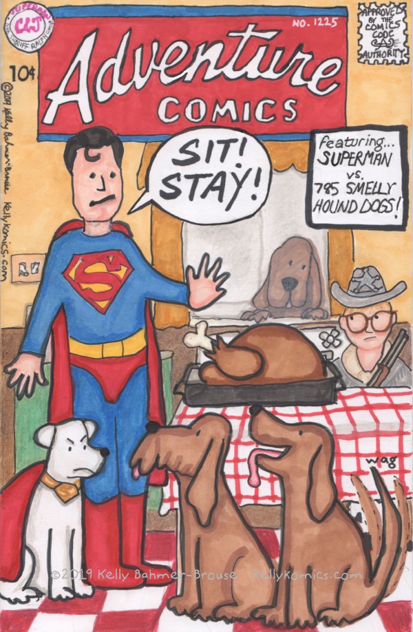Superman, Krypto, and Sheriff Ralphie protect the Parkers' Christmas turkey from 785 smelly hound dogs.